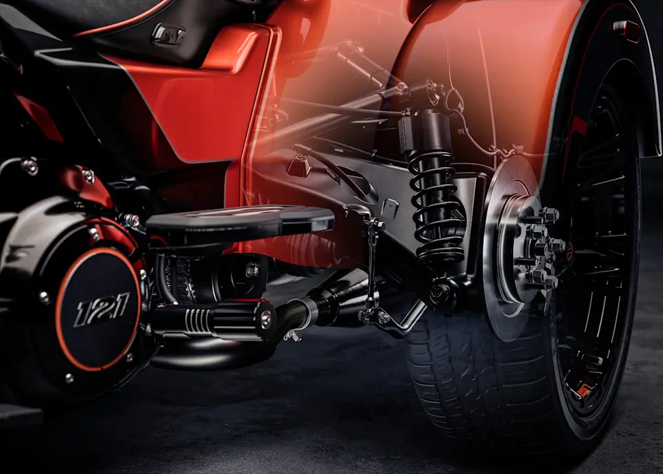 Harley-Davidson CVO Street Glide 2026 Hinterradfederung Detail.