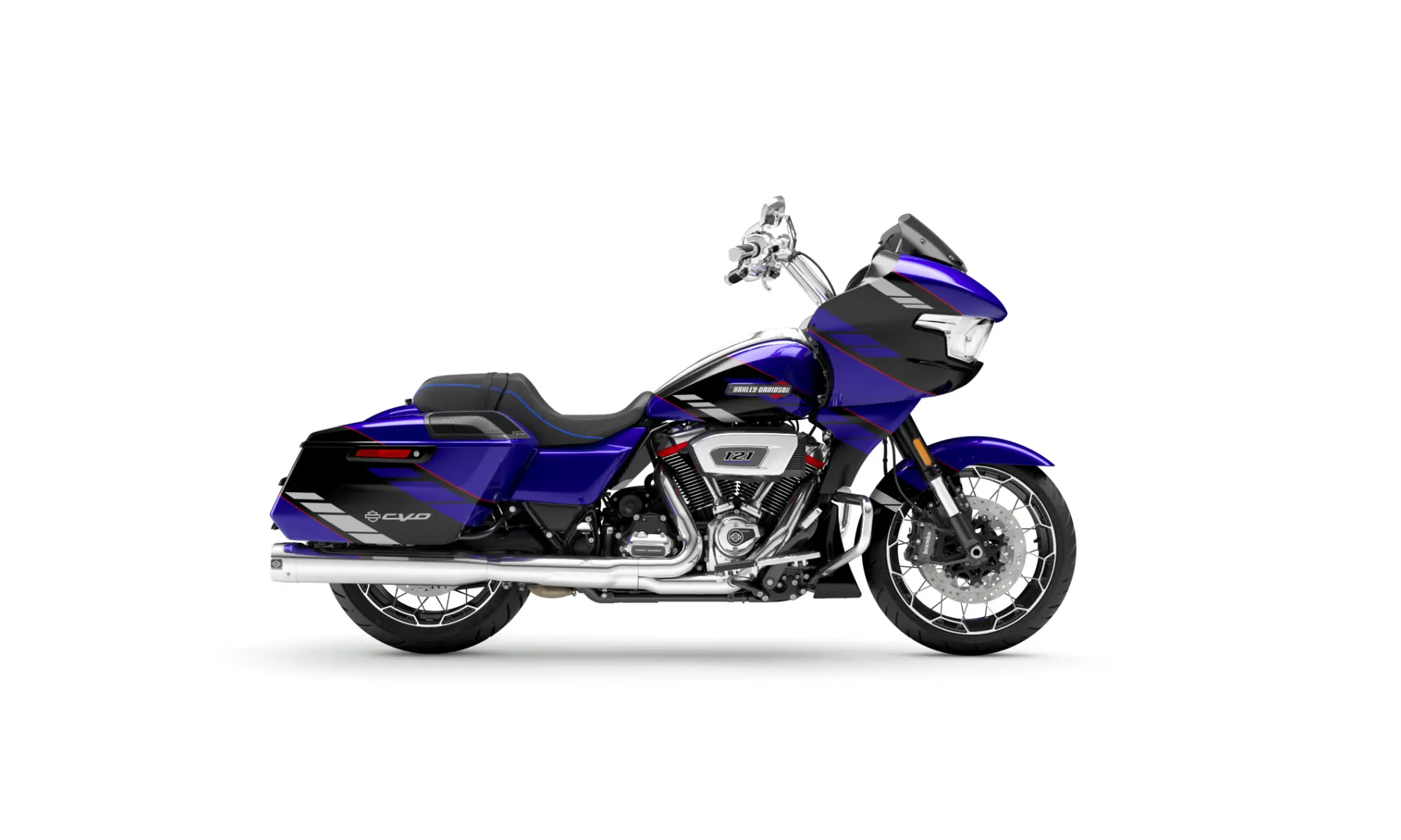 Alt-Text: Das Bild zeigt eine Harley-Davidson CVO Road Glide 2025 in der Farbe Blue Streak mit chrome Finish, seitlich abgebildet.