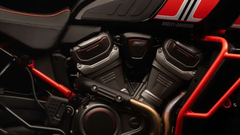 Nahaufnahme des leistungsstarken 1250 ccm-Motors eines Harley-Davidson Motorrads mit einem sportlichen schwarzen und roten Design.