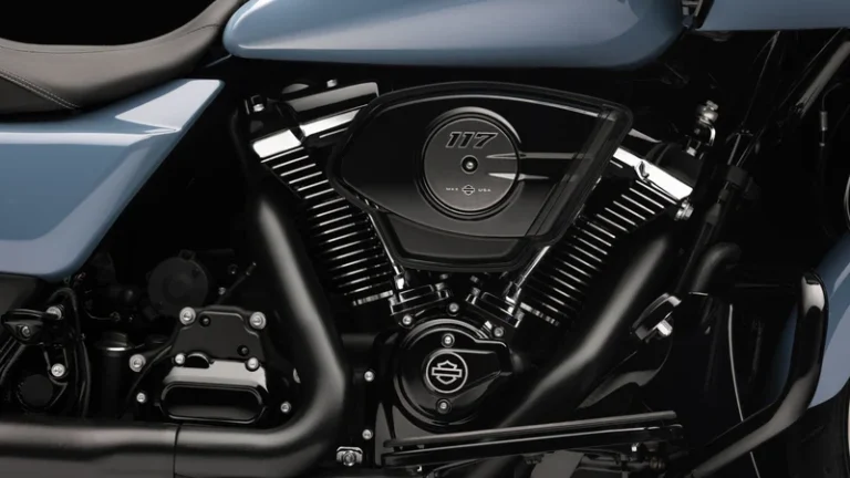 Detailaufnahme des Motors einer Harley-Davidson mit dem Schriftzug „117“ auf dem Luftfilterdeckel.